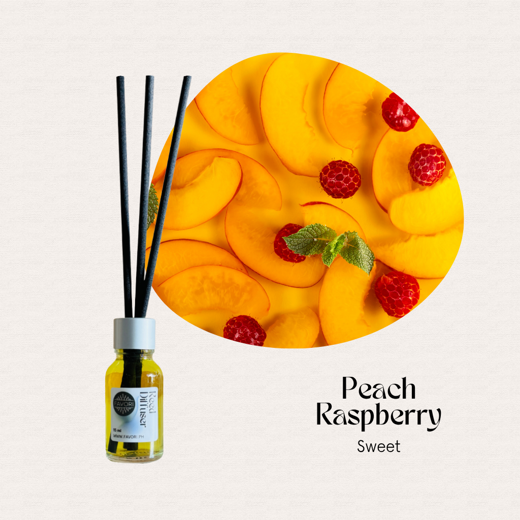 FAVORI Scents Mini Reed Diffusers: Peach Raspberry Sweet with fiber sticks, peach, raspberry & mint notes.