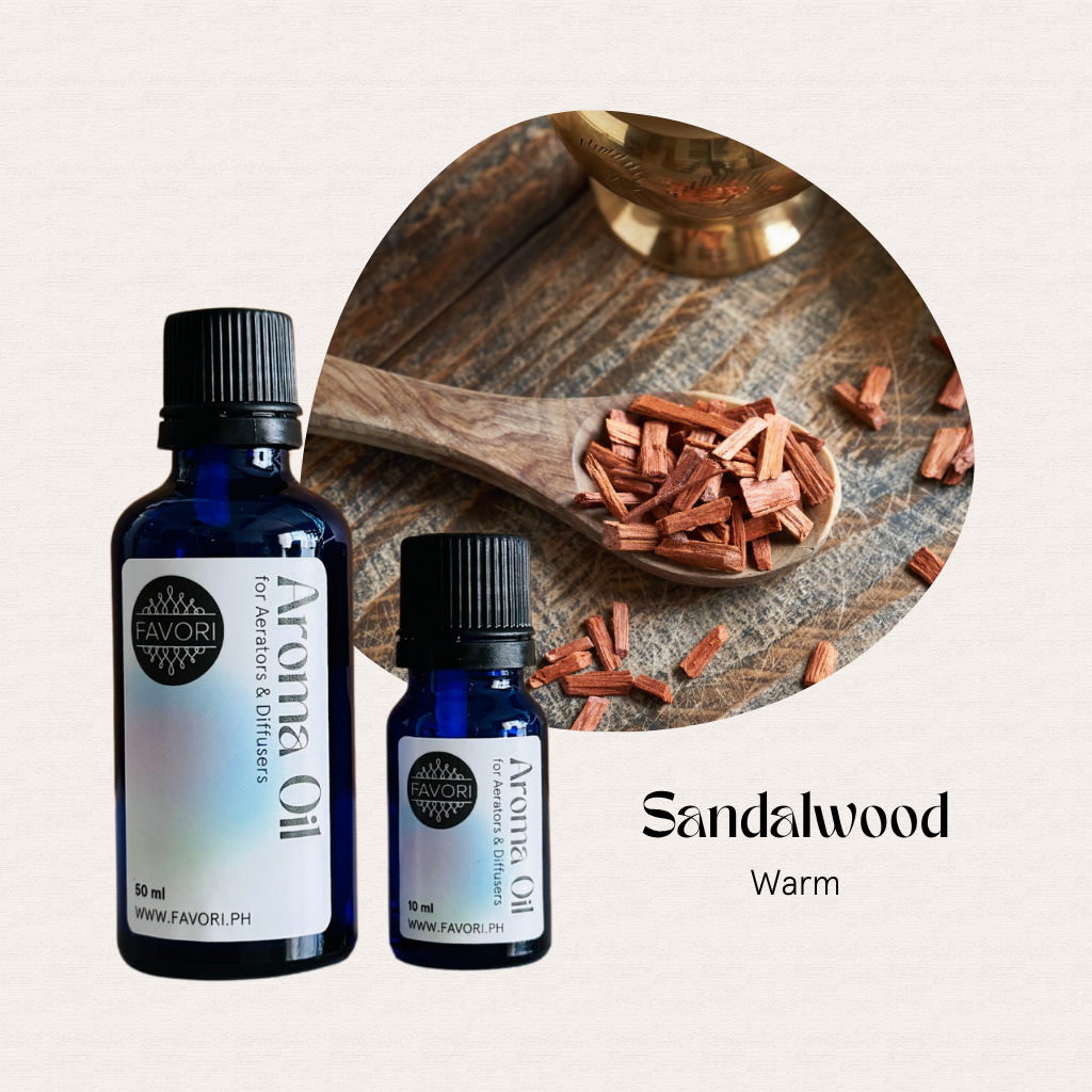 Two blue FAVORI Scents AD Aroma Oils and a wooden spoon with sandalwood chips on a light background.