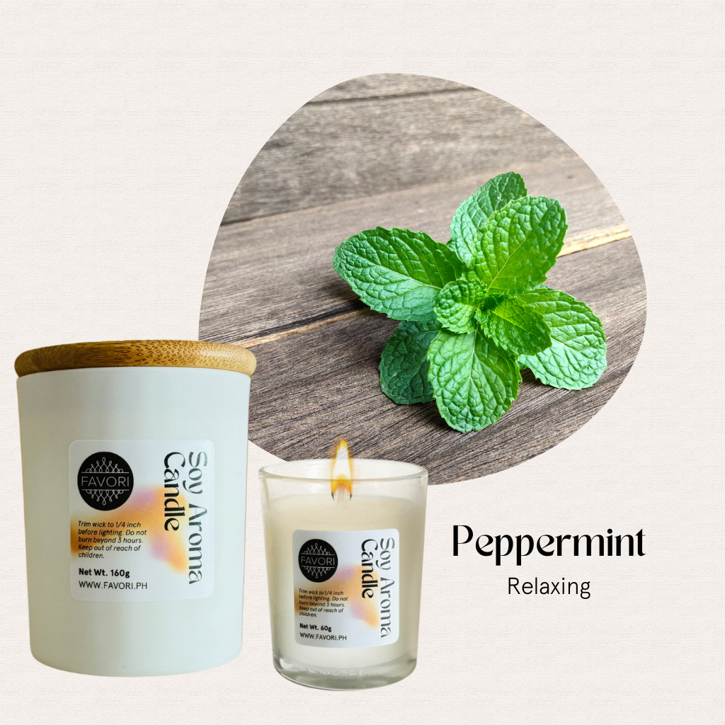 FAVORI Scents All Occasion white aroma candle in glass jar, peppermint leaves, "Peppermint - Relaxing" text.