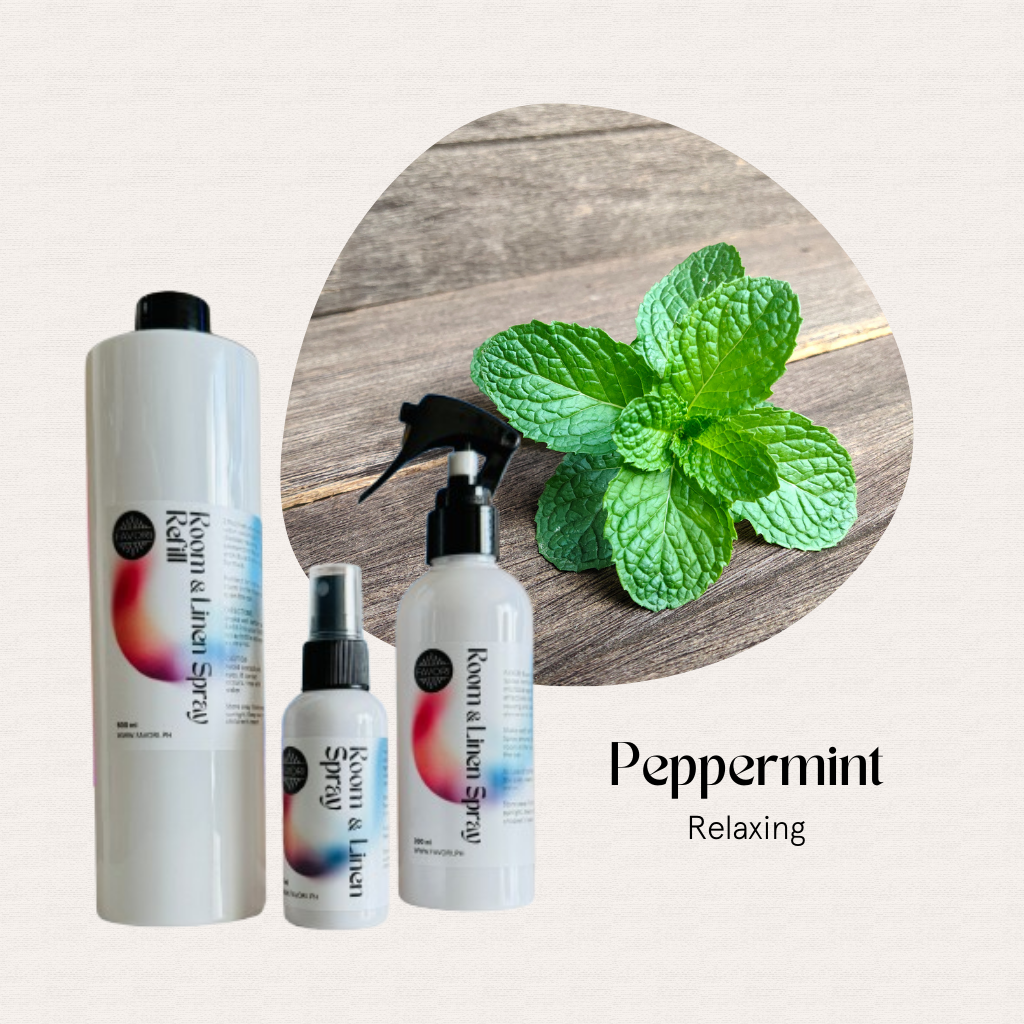 Three FAVORI Scents Trio Air Sprays—Regular Room & Linen AS—beside mint leaves, ideal for odor removal.