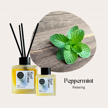 Two FAVORI Scents Peppermint Regular Reed Diffusers (RRD) with fiber reeds, labeled Peppermint Relaxing.