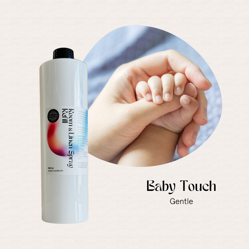 FAVORI Scents Refill – Regular Room & Linen Air Spray 500ml, anti-microbial, labeled “Baby Touch Gentle.”.