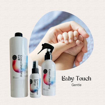 Three bottles of FAVORI Scents Trio – Regular Room & Linen Air Spray, with text Baby Touch Gentle.