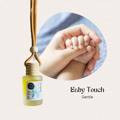 An adult hand holds a babys hand with a FAVORI Scents Hanging Aroma Diffuser and Baby Touch Gentle text.