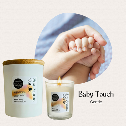 Two hands—an adult and a baby’s—rest behind FAVORI Scents All Occasion premium soy candles.