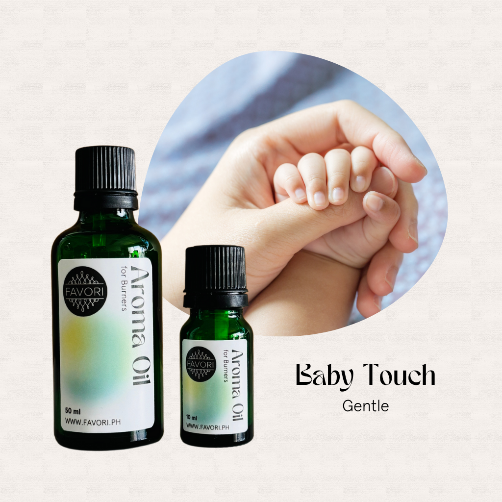 Two FAVORI Scents Burner Aroma Oils and a babys hand holding an adult finger, text: Baby Touch Gentle.