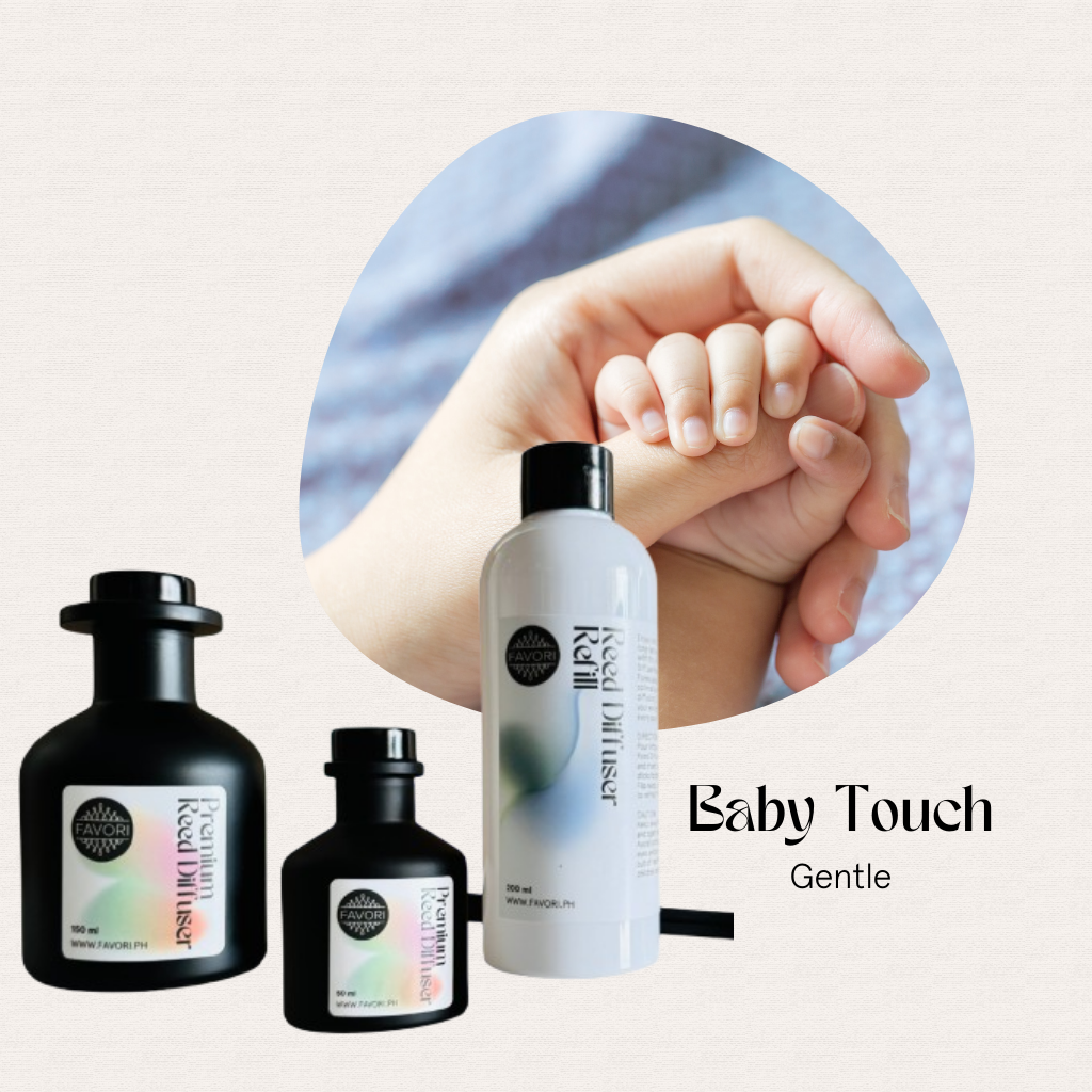An adult holds a babys hand beside three FAVORI Scents Baby Touch Trio Premium Reed Diffusers for lasting aroma.