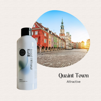 FAVORI Scents Quaint Town Reed Diffuser Refill (RDR) with fiber reeds, quaint town photo, and hotel scent.