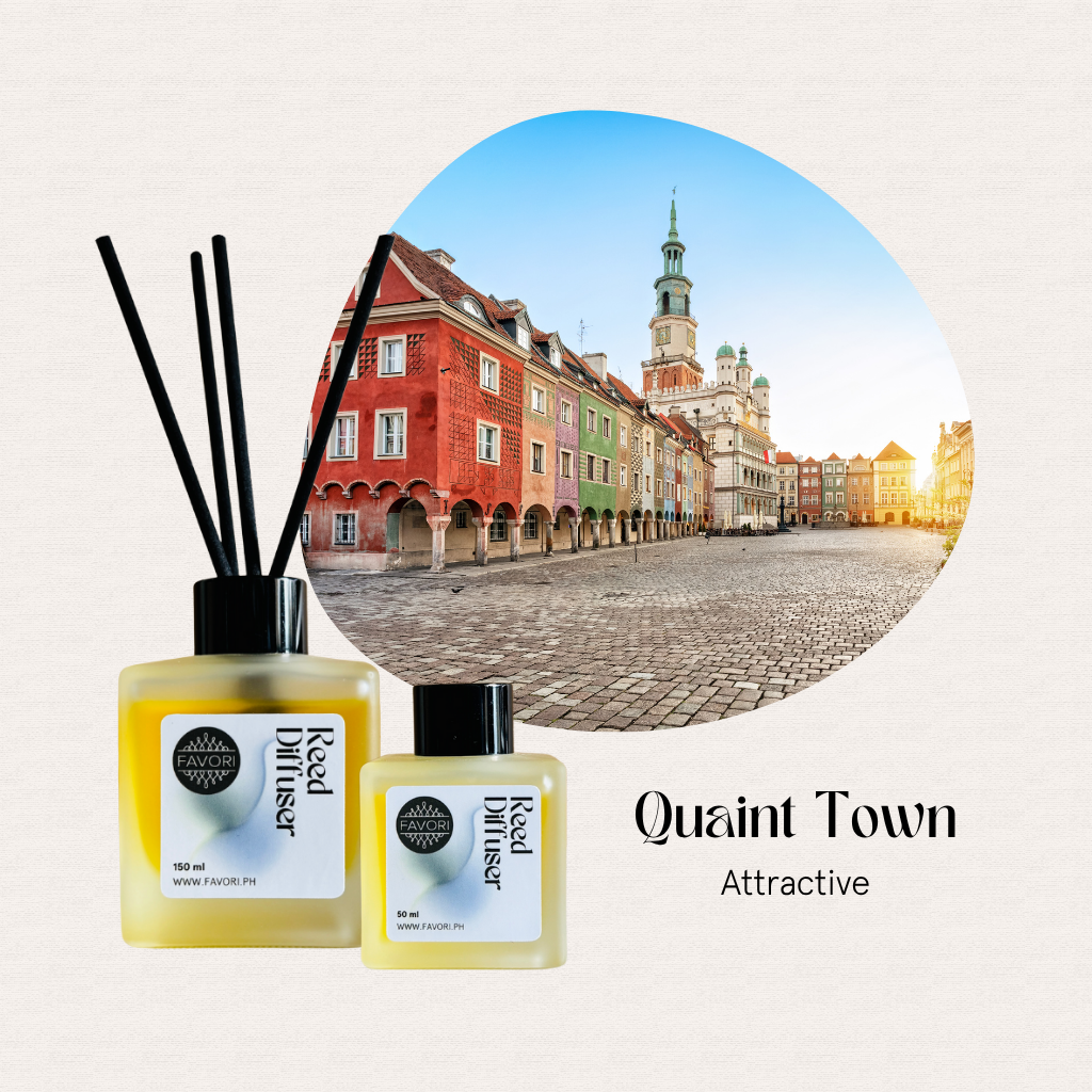 Two FAVORI Scents Quaint Town RRDs are placed in front of a photo of colorful old town buildings and blue sky.
