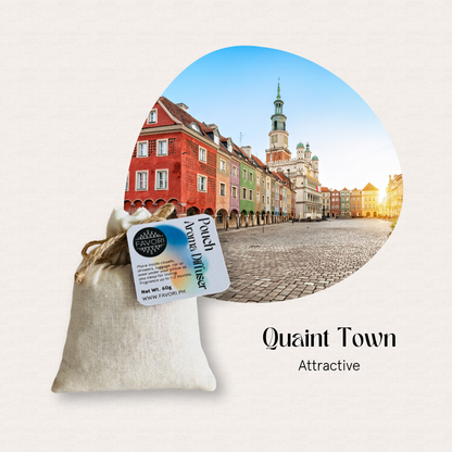 Colorful historic buildings line a square; in front, a FAVORI Scents PAD aroma diffuser pouch with tag.