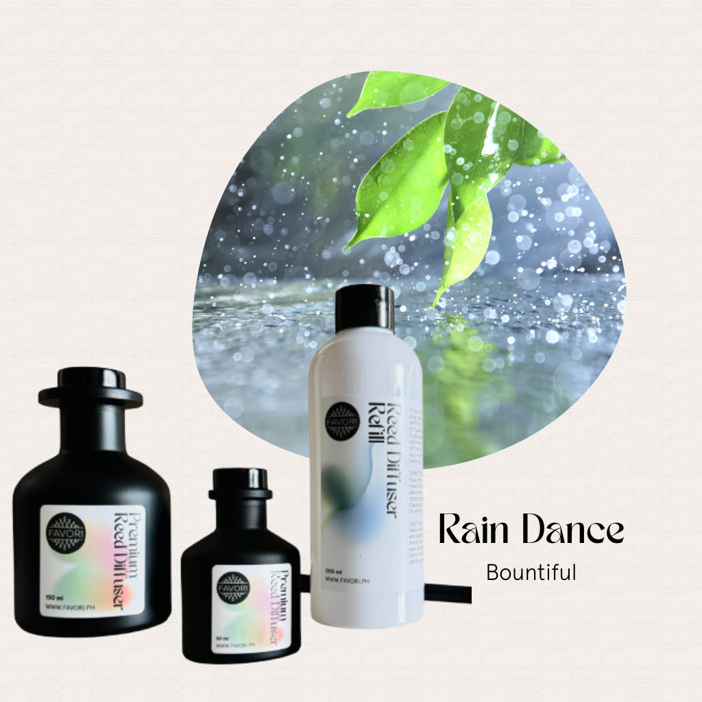 Three FAVORI Scents Rain Dance Trio Premium Reed Diffusers with fiber reeds and lush leaves, Bountiful label.