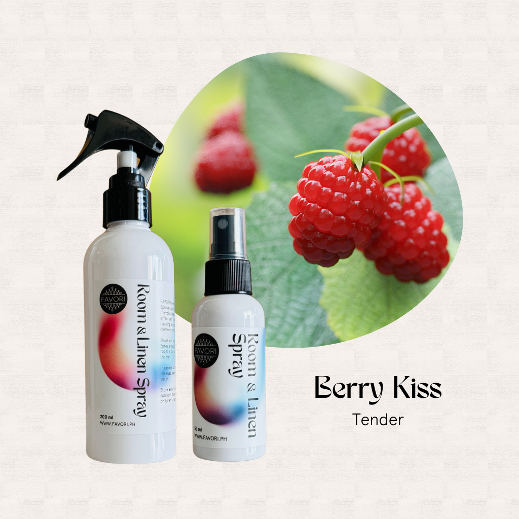 Two FAVORI Scents Regular Room & Linen Air Sprays, Berry Kiss, for a fresh mood-enhancing scent.