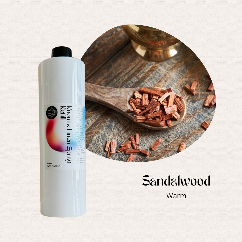 A 500ml FAVORI Scents air spray and a wooden spoon with sandalwood chips, Sandalwood Warm variant.