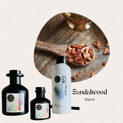FAVORI Scents Sandal Wood Trio Premium Reed Diffuser (TPRD) offers a long-lasting woody aroma with fiber reed sticks.