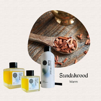 FAVORI Scents Sandal Wood Trio Reed Diffuser (TRD) with sandalwood chips and three Aroma Oils bottles.