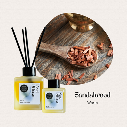 Two FAVORI Scents Sandal Wood Regular Reed Diffuser bottles with fiber reeds and sandalwood chips.