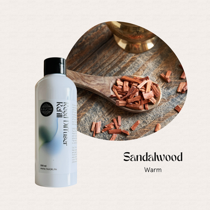 FAVORI Scents Sandal Wood Reed Diffuser Refill (RDR); sandalwood warm with fiber reed sticks.