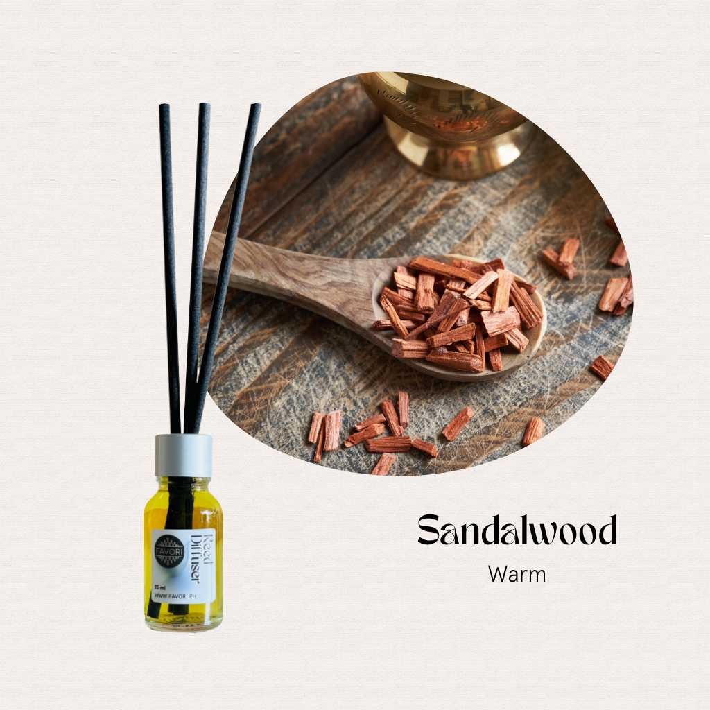 FAVORI Scents Mini Reed Diffusers (MRD) with fiber sticks and sandalwood chips labeled “Sandalwood Warm.”.