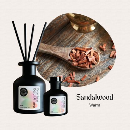 FAVORI Scents Sandal Wood Premium Reed Diffuser evokes a woody scent with sandalwood chips on a wooden spoon.