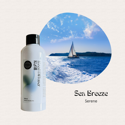 FAVORI Scents Sea Breeze Reed Diffuser Refill (RDR) with fiber sticks; sailboat & Sea Breeze Serene on label.