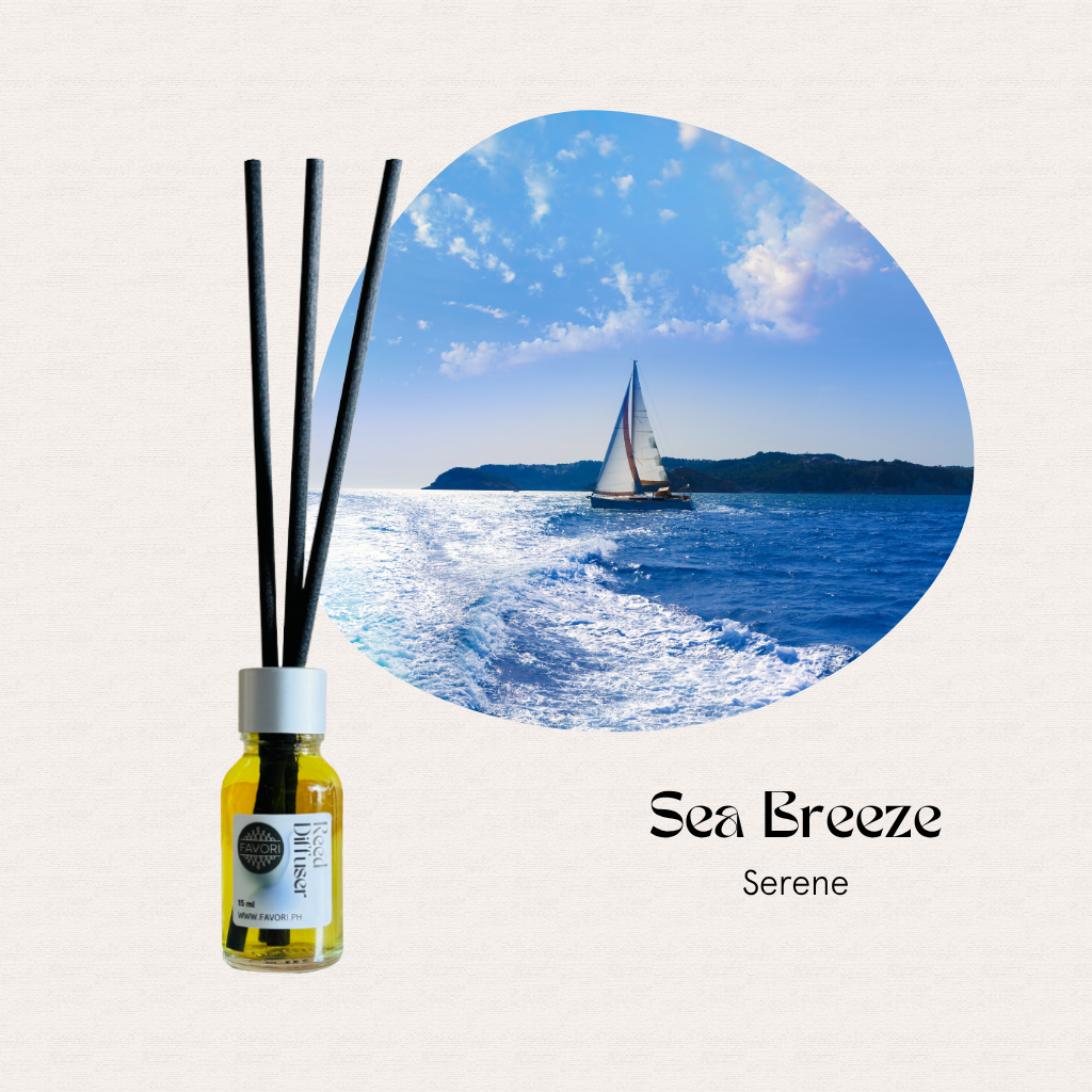 A sailboat on blue water with a FAVORI Scents Mini Reed Diffuser (MRD) labeled Sea Breeze in the foreground.