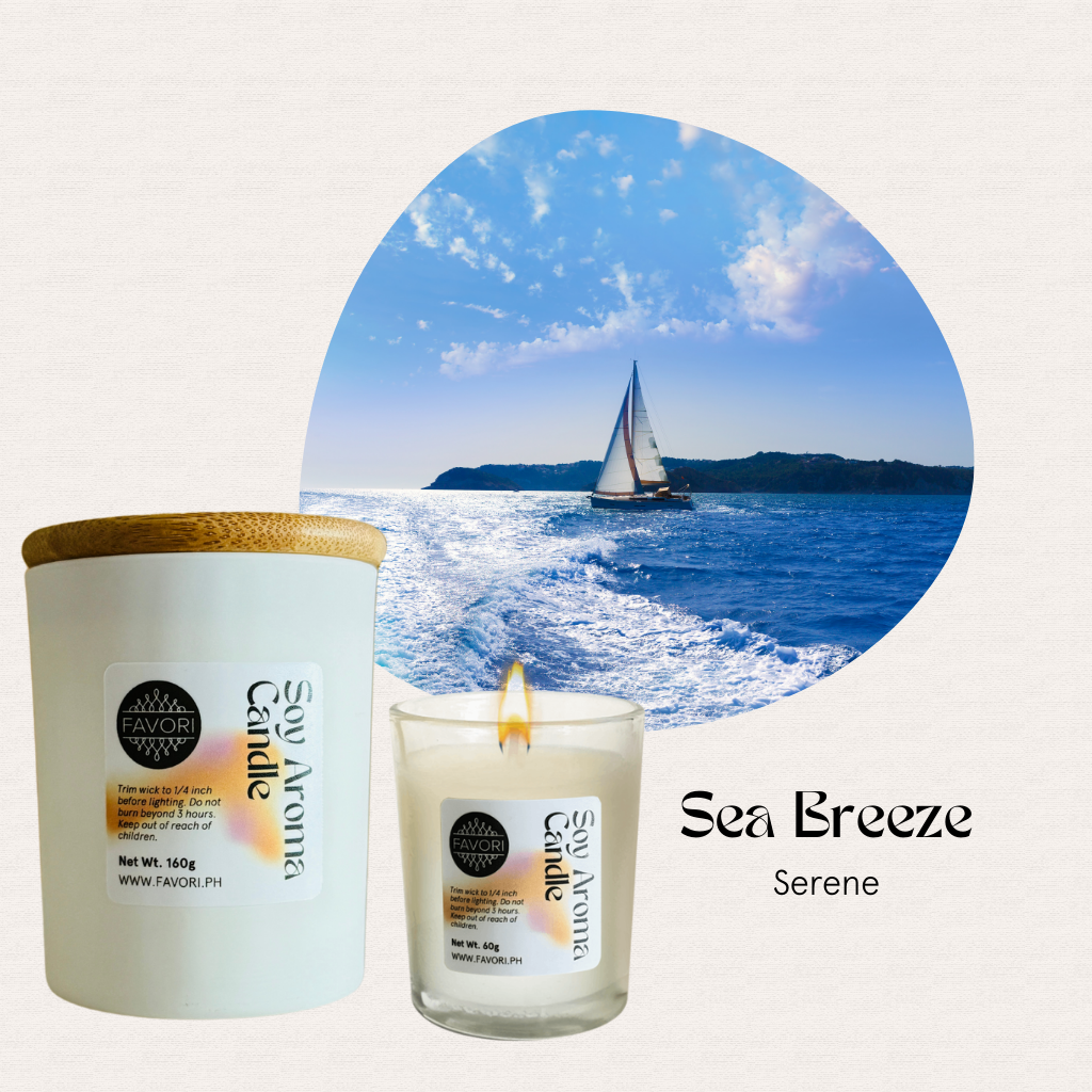 A FAVORI Scents All Occasion soy candle sits beside its jar; a sailboat glides on a sunny blue sea.