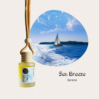 FAVORI Scents Hanging Aroma Diffuser (HAD) in Sea Breeze near a sailboat on the ocean under a cloudy sky.