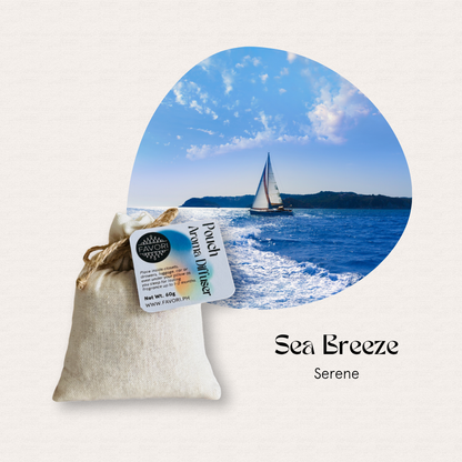A sailboat glides on blue water; a FAVORI Scents PAD pouch in Sea Breeze aroma sits in front.