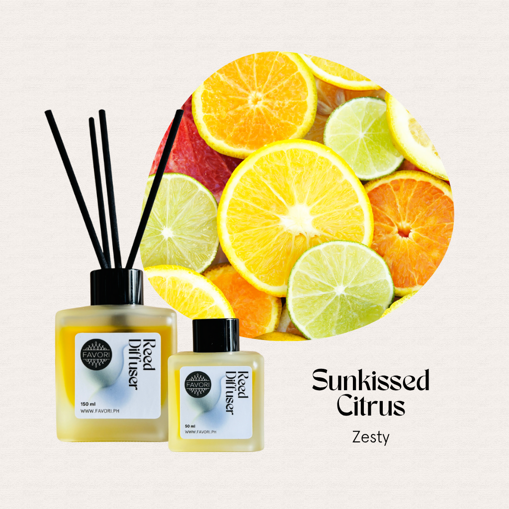 FAVORI Scents Sunkissed Citrus Regular Reed Diffuser (RRD) for a zesty, long-lasting citrus aroma.