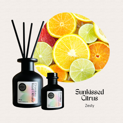 FAVORI Scents Sunkissed Citrus Premium Reed Diffuser (PRD) gives a long-lasting sliced citrus aroma.
