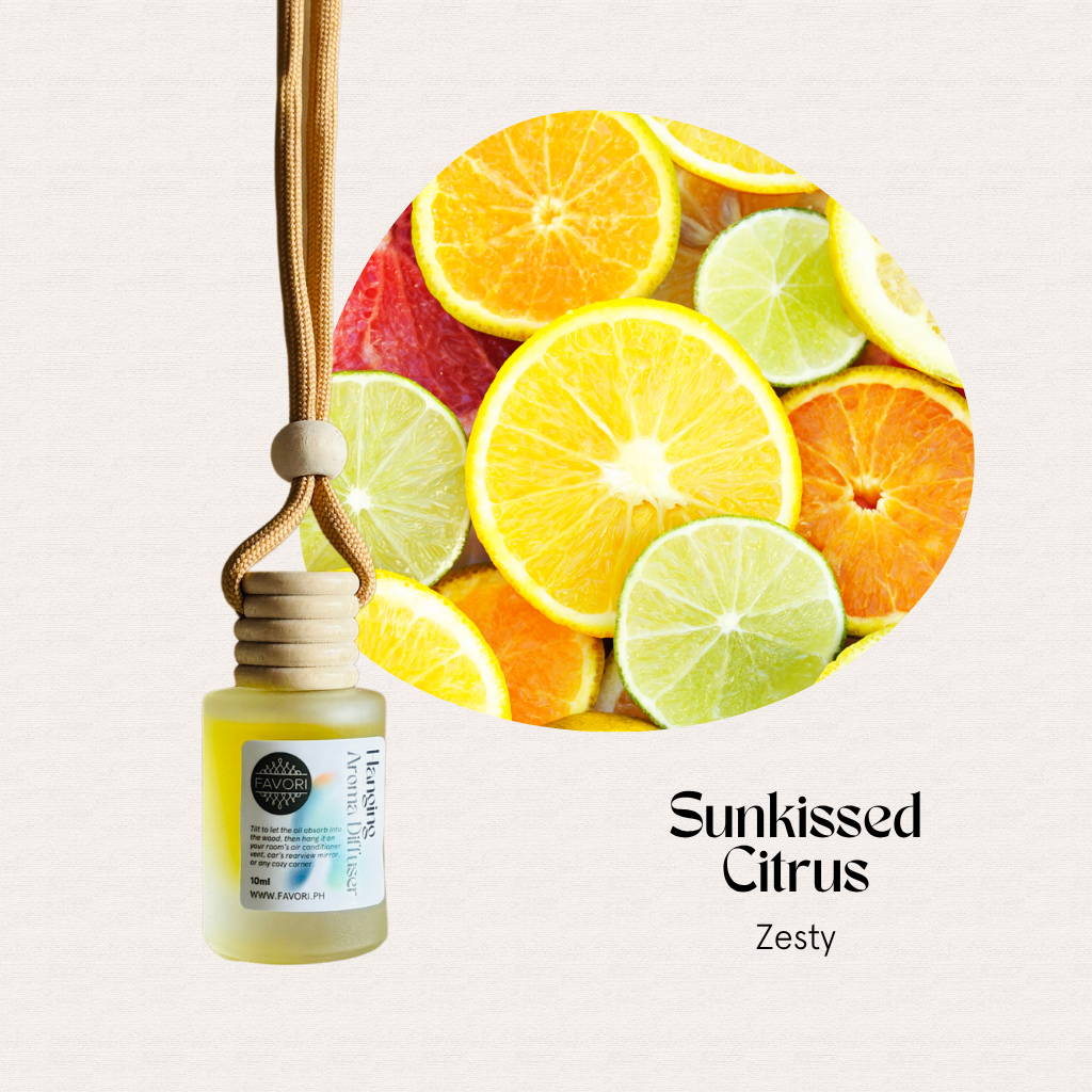 A FAVORI Scents Hanging Aroma Diffuser near citrus; text: Sunkissed Citrus - Zesty.