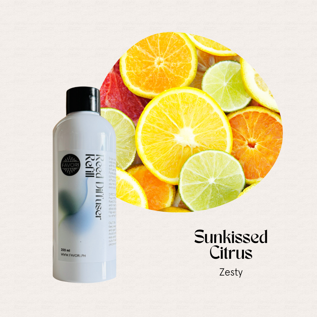 FAVORI Scents Sunkissed Citrus Reed Diffuser Refill (RDR) delivers a lasting, fresh citrus fragrance.