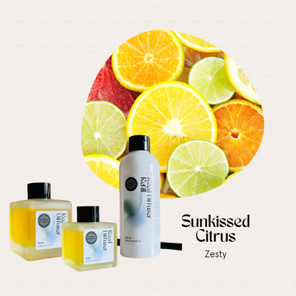 FAVORI Scents Sunkissed Citrus Trio Reed Diffuser: citrus-scented, sliced fruits design, plus Aroma Oils.