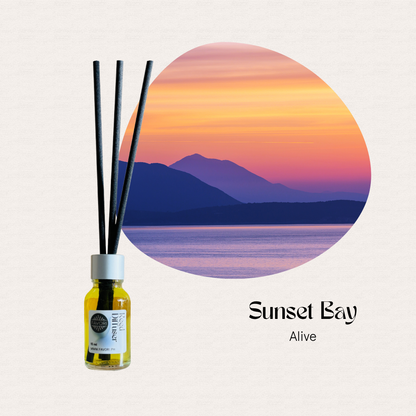FAVORI Scents Mini Reed Diffusers (MRD) with fiber sticks evoke the serene scent of Sunset Bay Alive.