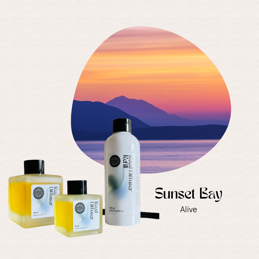 Three reed diffusers with lasting aroma, set at sunset—Sunset Bay Trio Reed Diffuser by FAVORI Scents.