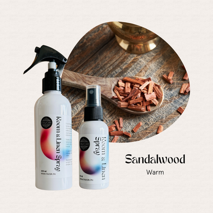 Two FAVORI Scents Regular Room & Linen Air Sprays with chips in a spoon; label reads Sandalwood Warm.