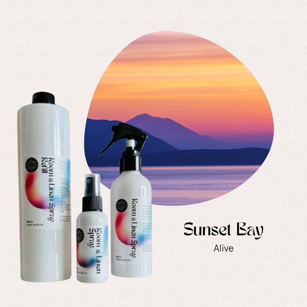 Three FAVORI Scents Trio Air Sprays before a sunset, remove odors—Regular Room & Linen, Sunset Bay Alive.