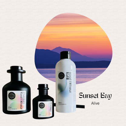 Three FAVORI Scents Sunset Bay Trio Premium Reed Diffusers glow at sunset, text reads Sunset Bay Alive.