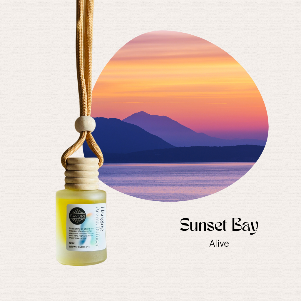 FAVORI Scents Hanging Aroma Diffuser (HAD) with a sunset bay design and Sunset Bay Alive text.
