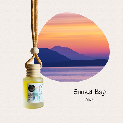 FAVORI Scents Hanging Aroma Diffuser (HAD) with a sunset bay design and Sunset Bay Alive text.
