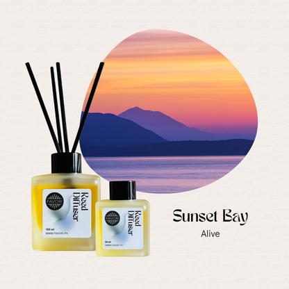 Two FAVORI Scents Sunset Bay RRDs evoke hotel magic at sunset, labeled Sunset Bay Alive.