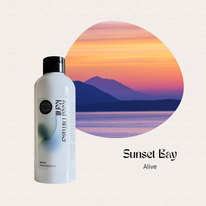 The FAVORI Scents Sunset Bay Reed Diffuser Refill offers a lasting aroma inspired by calm mountains at sunset.