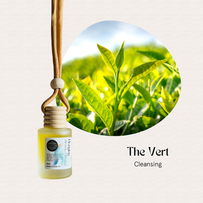 The Vert Hanging Aroma Diffuser (HAD) by FAVORI Scents: a portable glass air freshener on a cord.