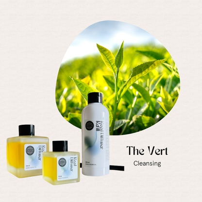 Three skincare bottles beside FAVORI Scents The Vert Trio Reed Diffuser, text: The Vert Cleansing.