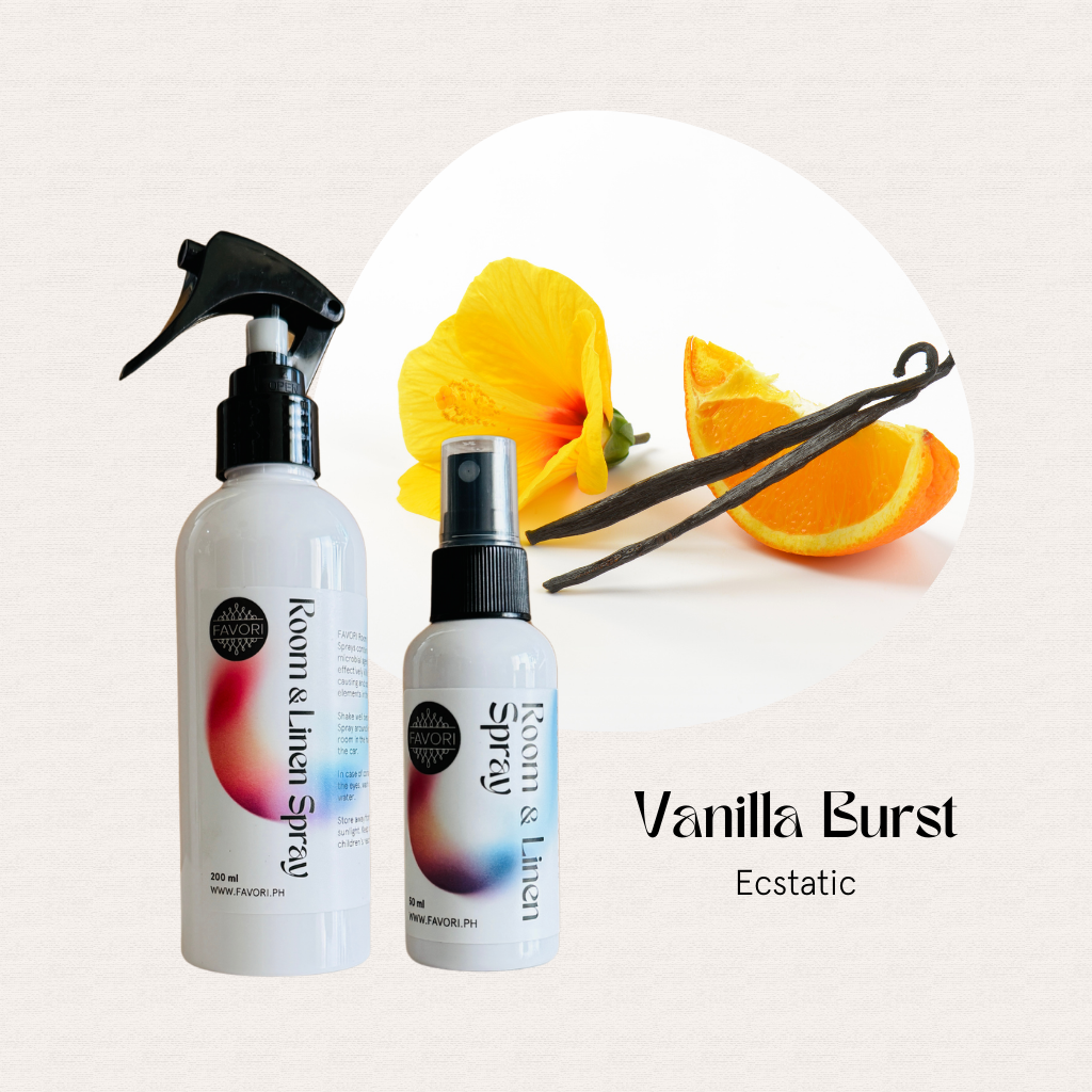 Two FAVORI Scents Regular Room & Linen Air Sprays; Vanilla Burst Ecstatic mood enhancer on the label.