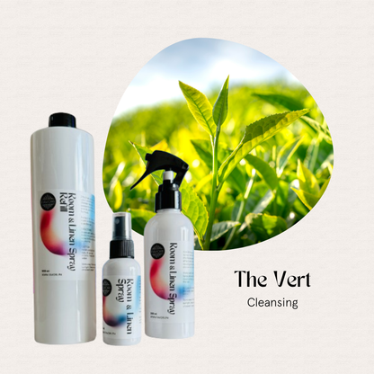 Three FAVORI Scents Trio Air Sprays in front of green tea—an anti-microbial freshener for odor removal.