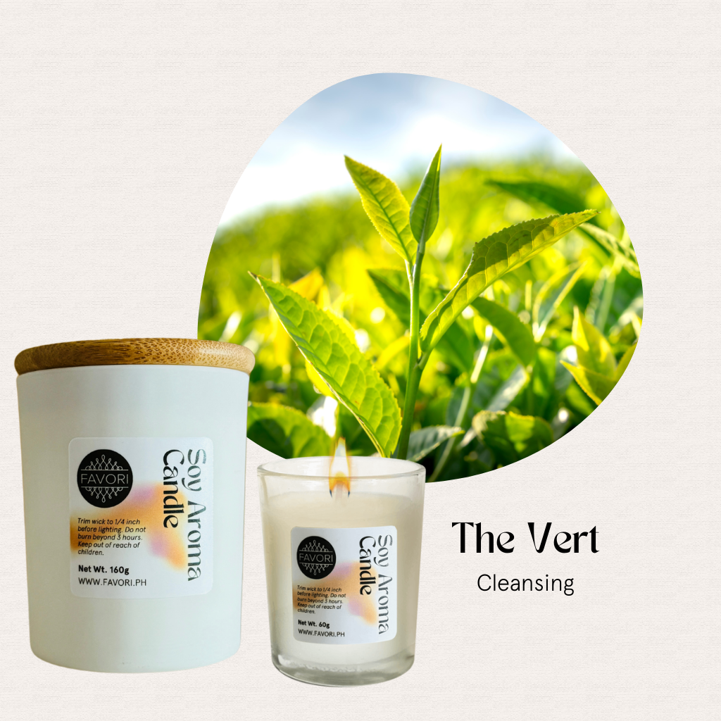 A premium soy candle labeled All Occasion by FAVORI Scents with a green tea plant in the background.