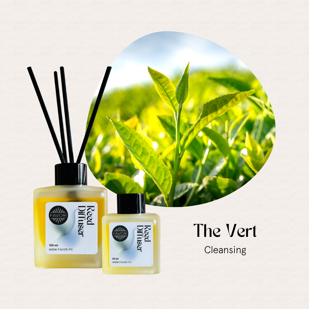 Two FAVORI Scents The Vert Regular Reed Diffusers beside green tea leaves; text: long-lasting room fragrance.
