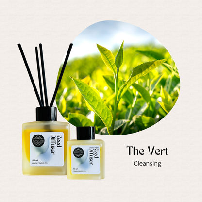 Two FAVORI Scents The Vert Regular Reed Diffusers beside green tea leaves; text: long-lasting room fragrance.
