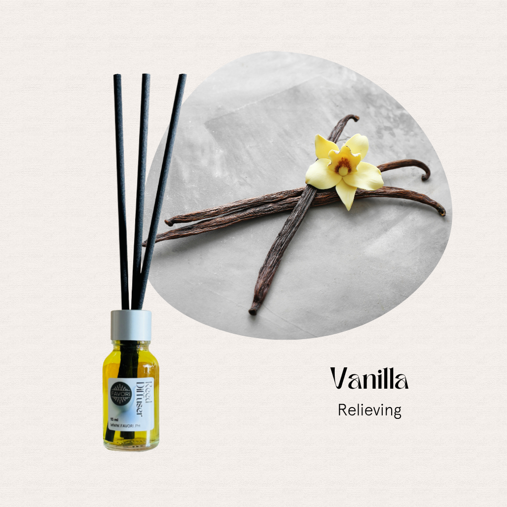 FAVORI Scents Mini Reed Diffusers (MRD): Vanilla scent with fiber reed sticks and a vanilla flower.